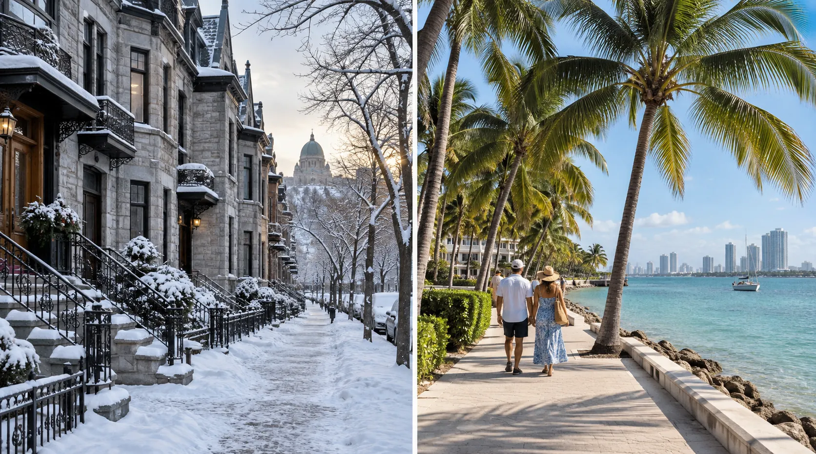 Rue enneigée au Québec et promenade ensoleillée en Floride
