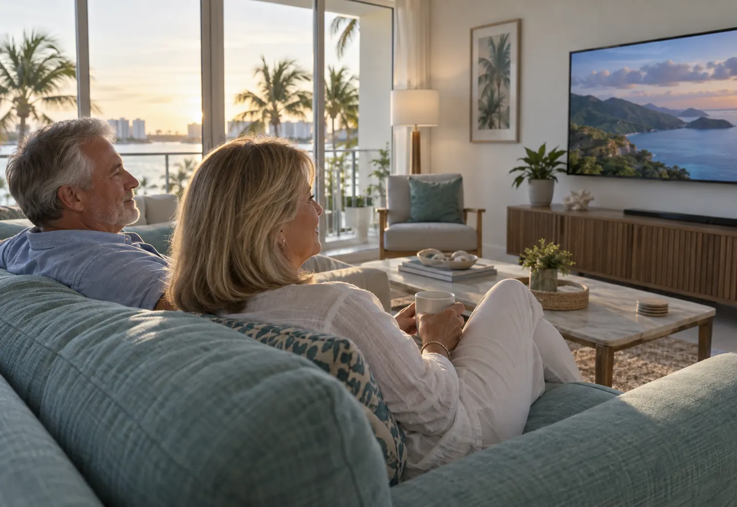 Couple confortablement installé devant la télévision dans un condo de Floride